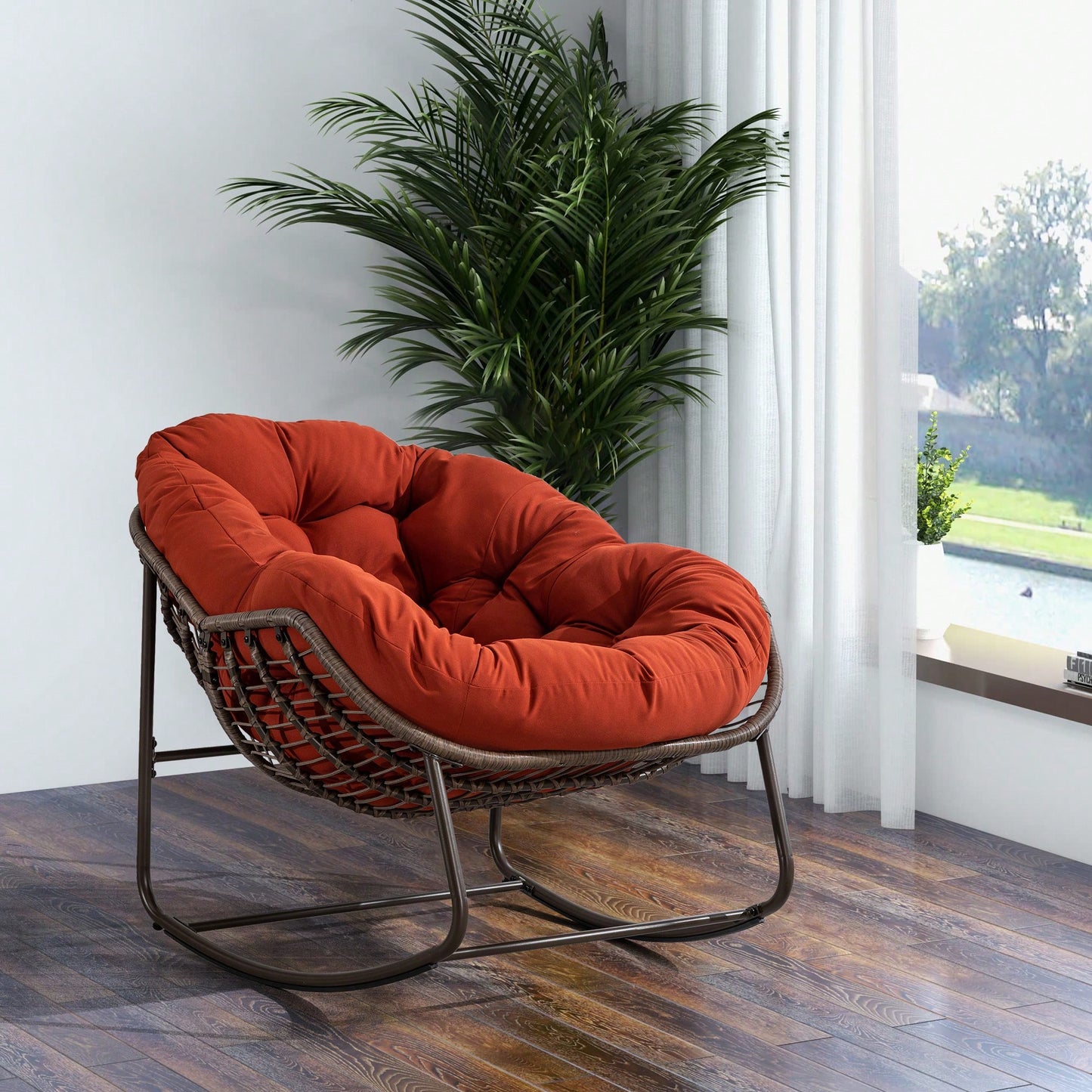 Outdoor Rattan Rocking Chair With Padded Cushion - Stylish Rocker Recliner For Patio, Porch, Garden, And Living Room, Orange