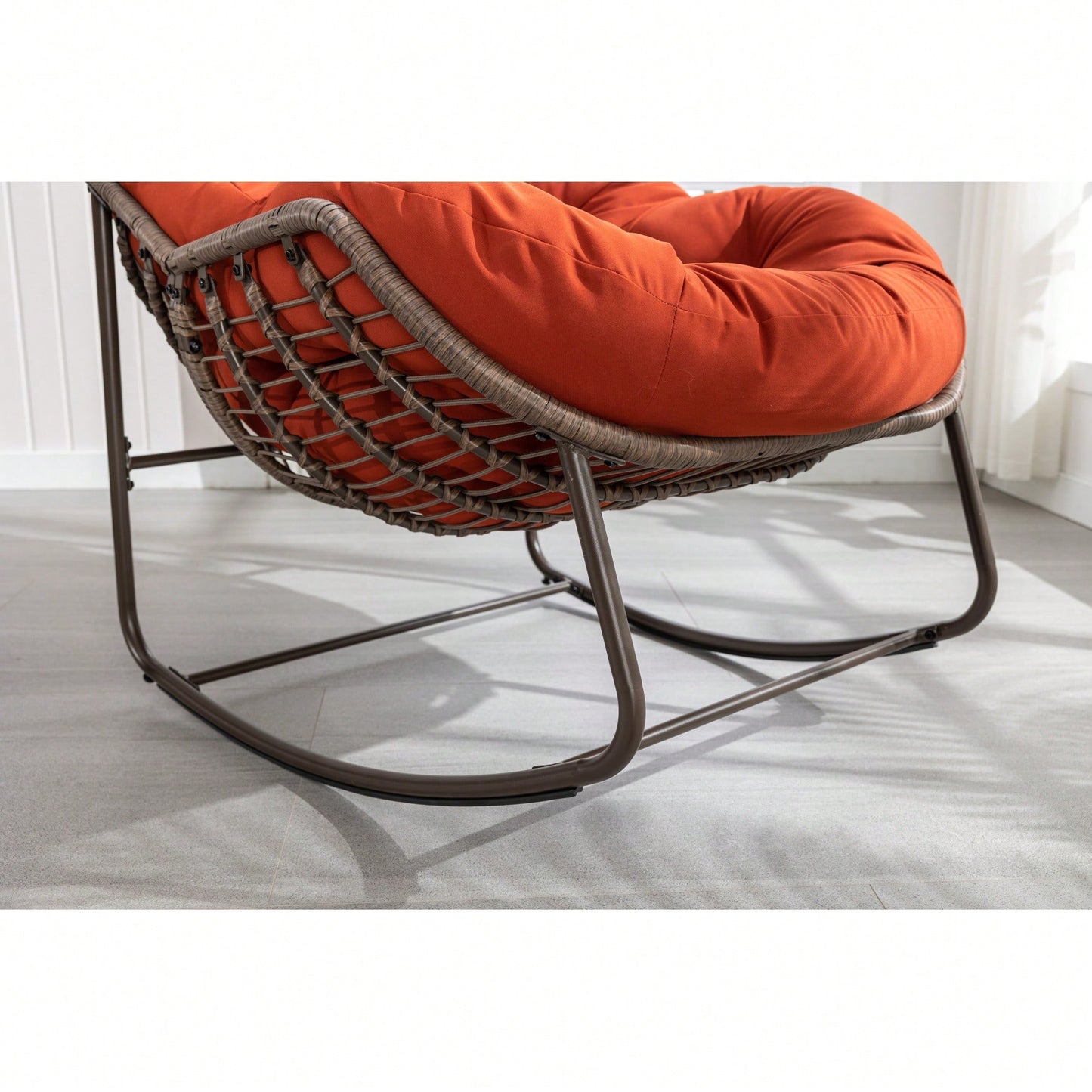 Outdoor Rattan Rocking Chair With Padded Cushion - Stylish Rocker Recliner For Patio, Porch, Garden, And Living Room, Orange