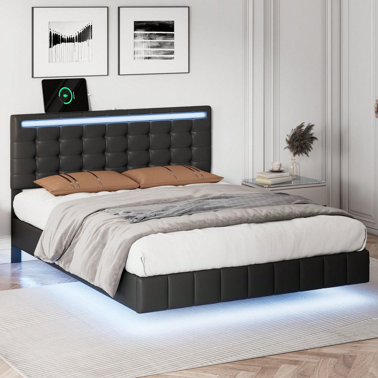 Modern Full Size Floating Bed Frame With LED Lights & USB Charging Ports - Upholstered Platform Design In Black