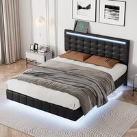 Modern Full Size Floating Bed Frame With LED Lights & USB Charging Ports - Upholstered Platform Design In Black