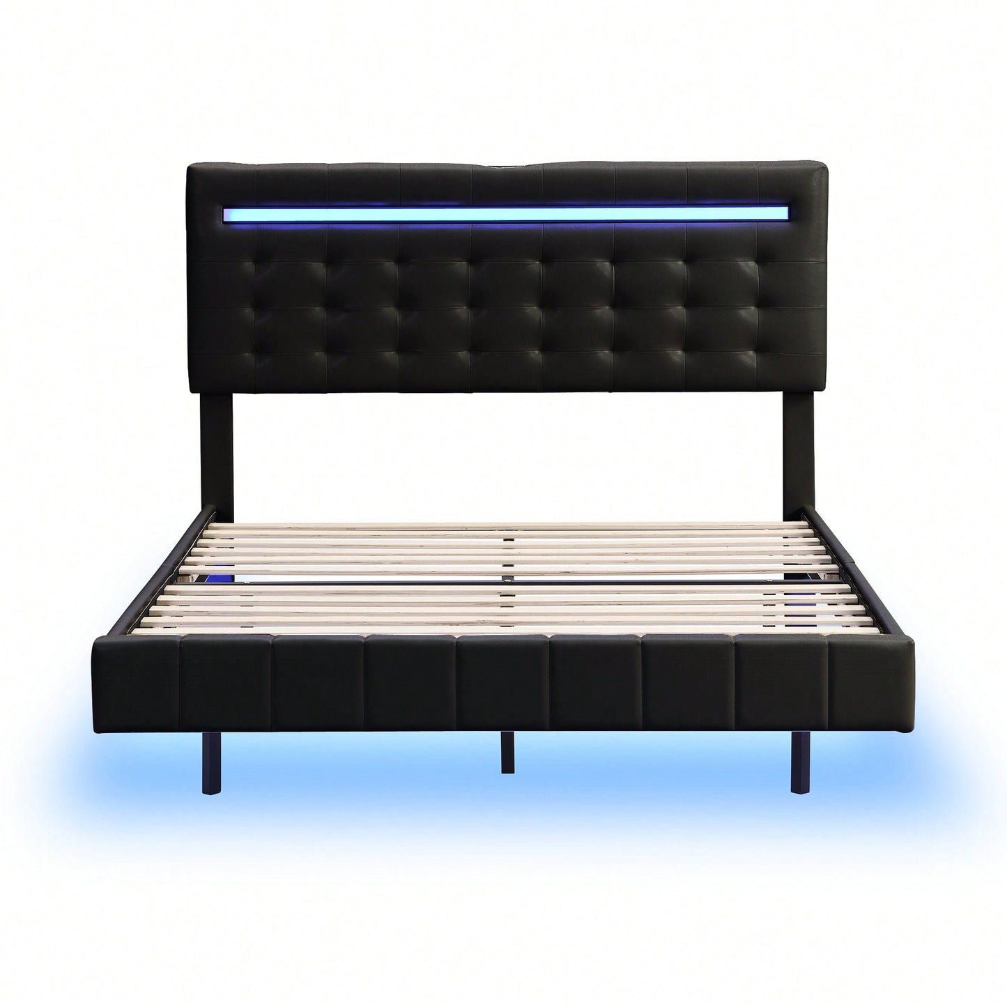 Modern Full Size Floating Bed Frame With LED Lights & USB Charging Ports - Upholstered Platform Design In Black