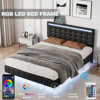 Modern Full Size Floating Bed Frame With LED Lights & USB Charging Ports - Upholstered Platform Design In Black