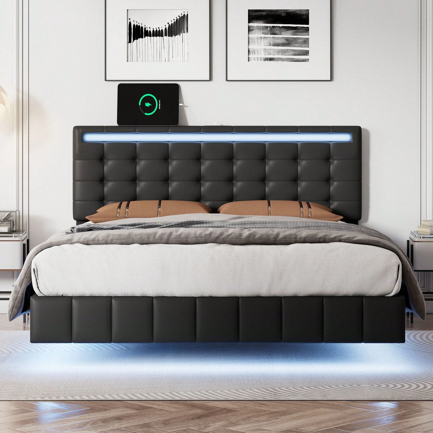 Modern Full Size Floating Bed Frame With LED Lights & USB Charging Ports - Upholstered Platform Design In Black