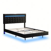 Modern Full Size Floating Bed Frame With LED Lights & USB Charging Ports - Upholstered Platform Design In Black