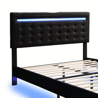 Modern Full Size Floating Bed Frame With LED Lights & USB Charging Ports - Upholstered Platform Design In Black