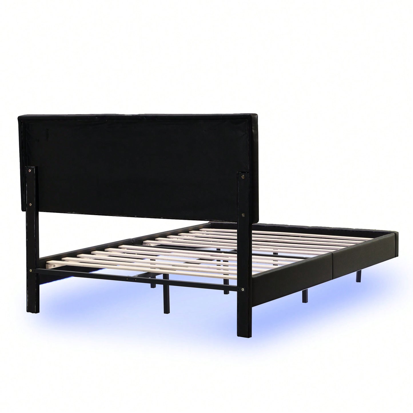 Modern Full Size Floating Bed Frame With LED Lights & USB Charging Ports - Upholstered Platform Design In Black