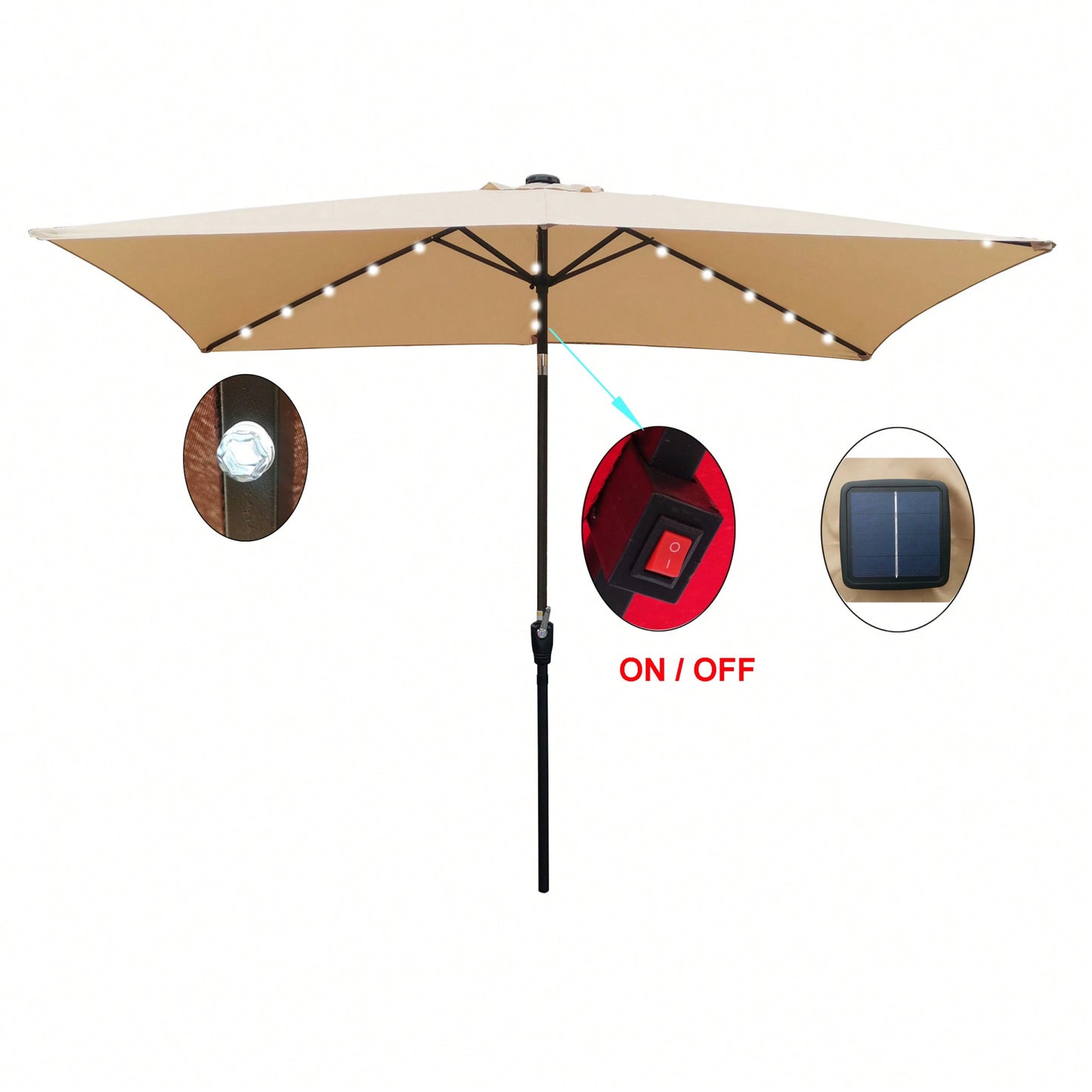 10x6.5ft Rectangular Solar LED Market Umbrella With Crank And Tilt For Patio, Garden, And Pool Shade