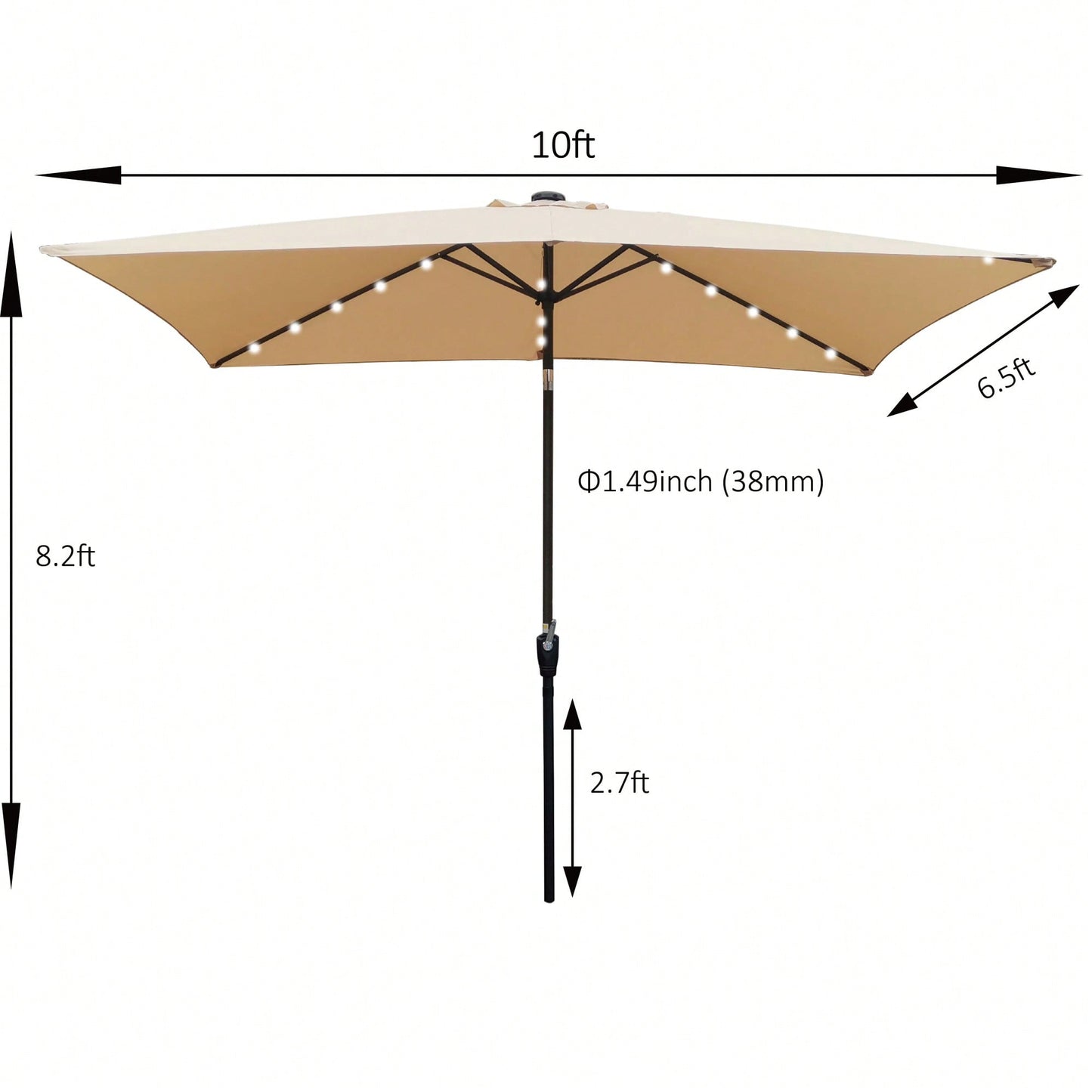 10x6.5ft Rectangular Solar LED Market Umbrella With Crank And Tilt For Patio, Garden, And Pool Shade