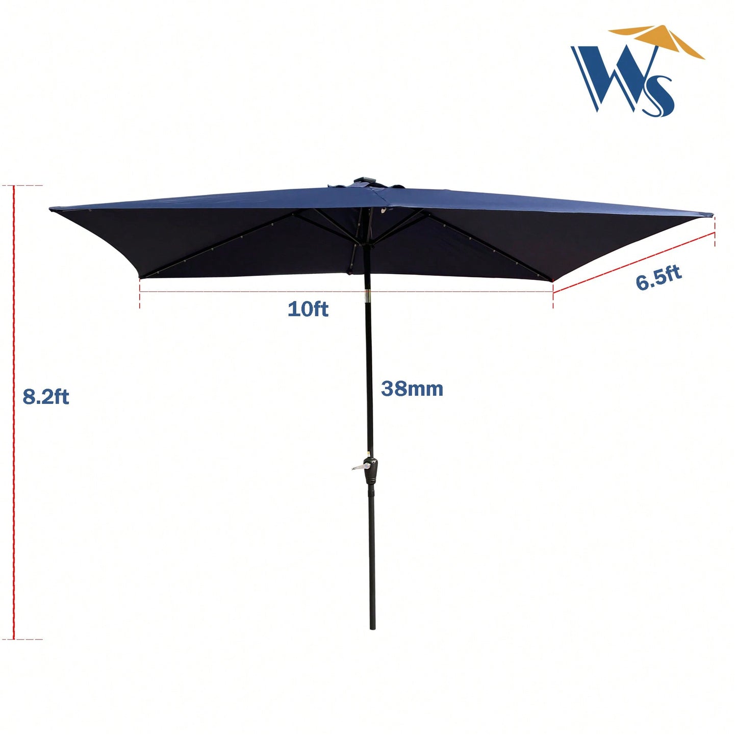 10x6.5ft Rectangular Solar LED Market Umbrella With Crank And Tilt For Patio, Garden, And Pool Shade