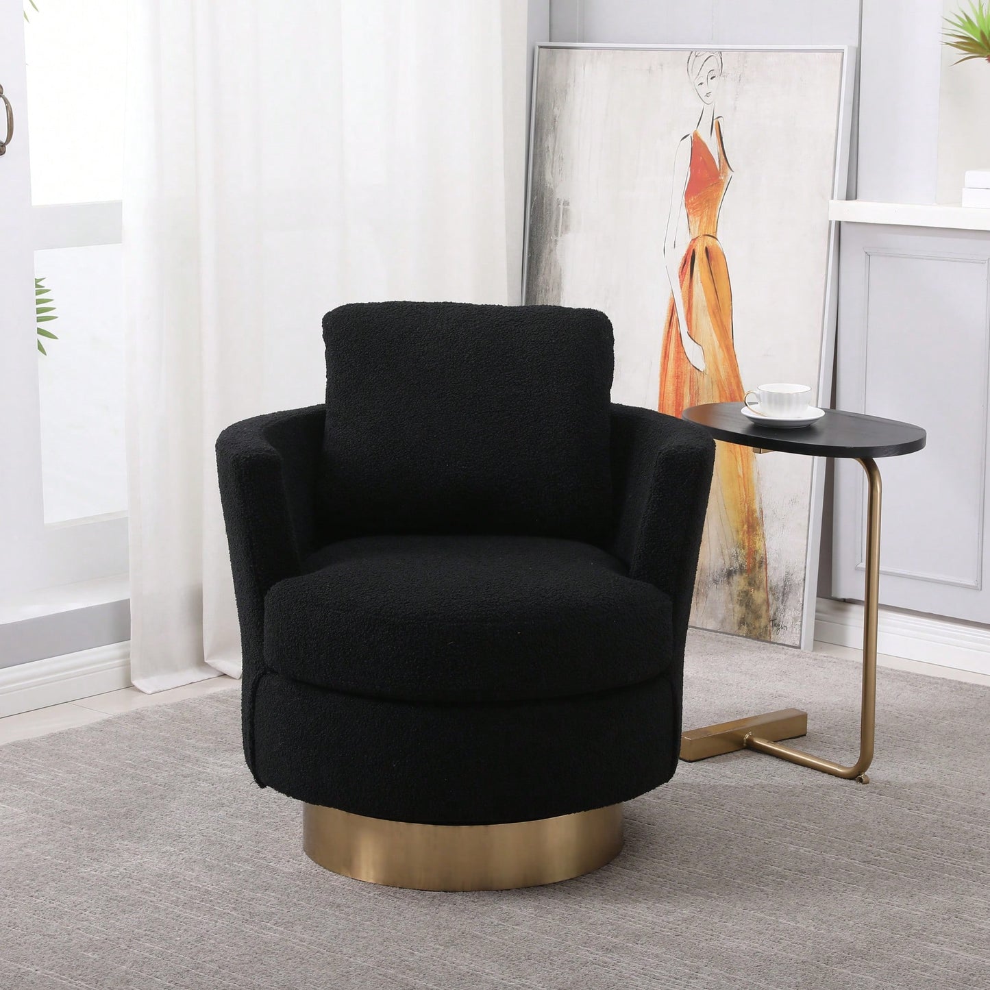 Comfy Swivel Barrel Chair For Living Room And Bedroom, Stylish Accent Armchair With Gold Stainless Steel Base (Black)