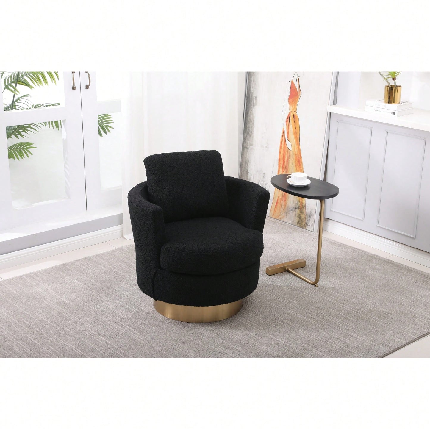 Comfy Swivel Barrel Chair For Living Room And Bedroom, Stylish Accent Armchair With Gold Stainless Steel Base (Black)