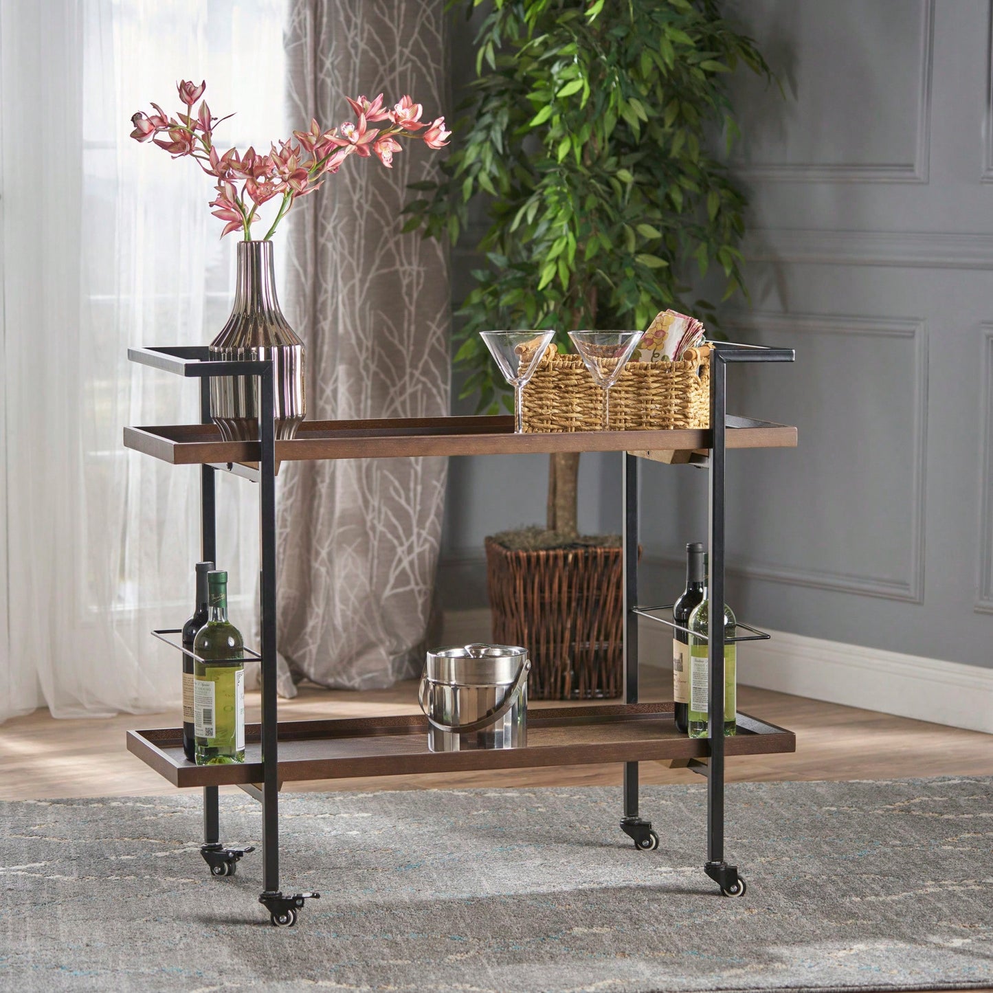 Elegant Multi-Tiered Bar Cart With Stylish Wheels For Entertaining And Serving Drinks