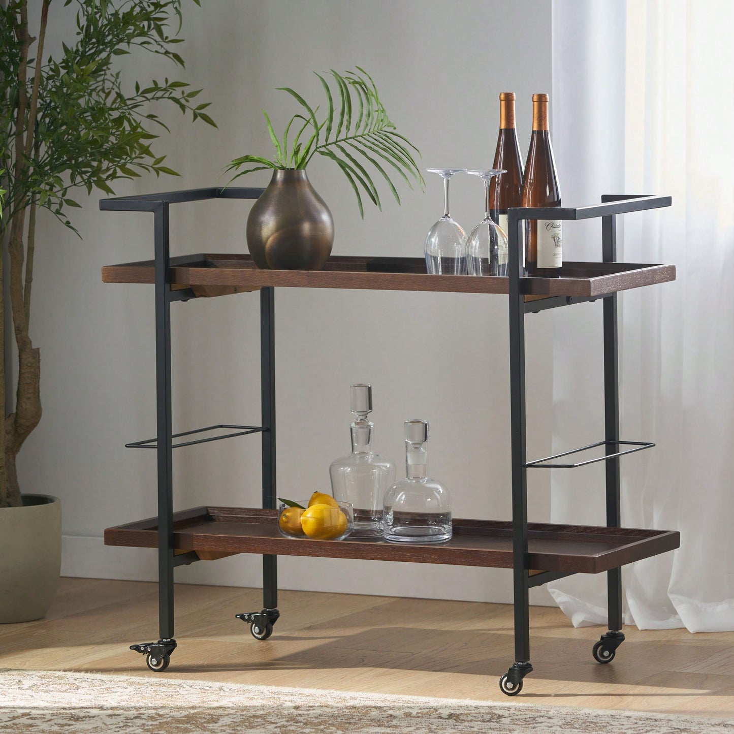 Elegant Multi-Tiered Bar Cart With Stylish Wheels For Entertaining And Serving Drinks