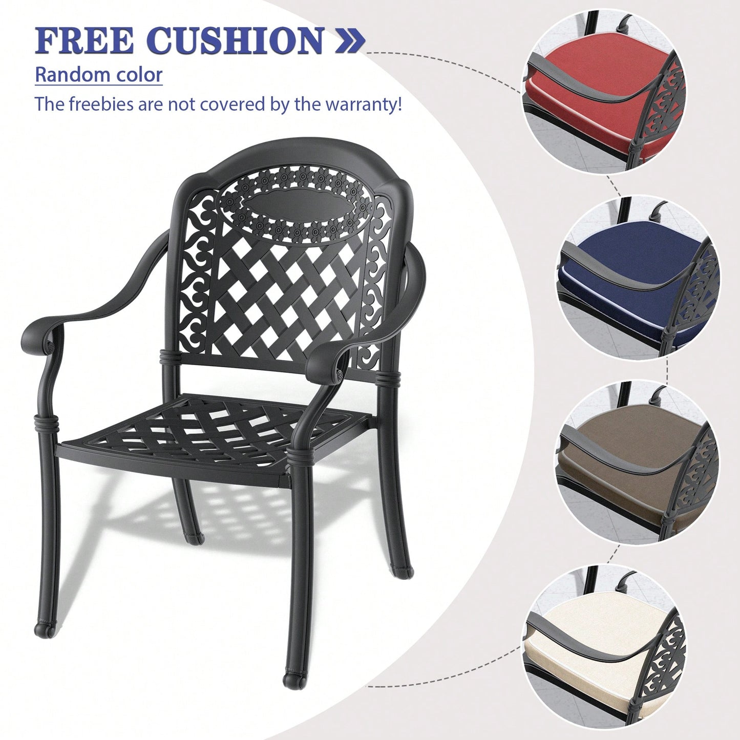 Set Of 2 Cast Aluminum Patio Dining Chairs With Cushions In Assorted Colors And Black Frame