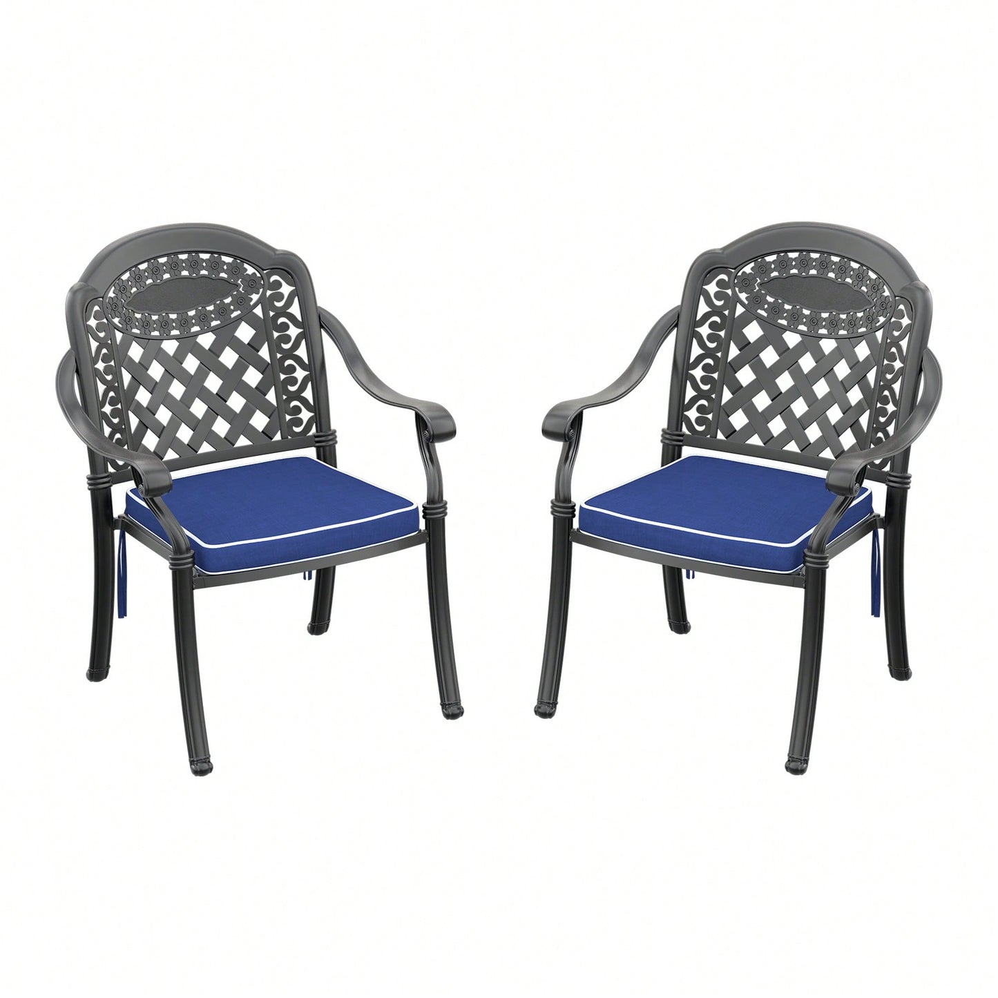 Set Of 2 Cast Aluminum Patio Dining Chairs With Cushions In Assorted Colors And Black Frame