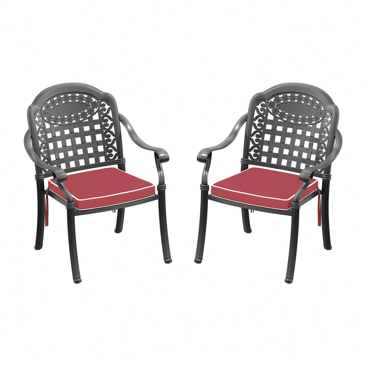 Set Of 2 Cast Aluminum Patio Dining Chairs With Cushions In Assorted Colors And Black Frame