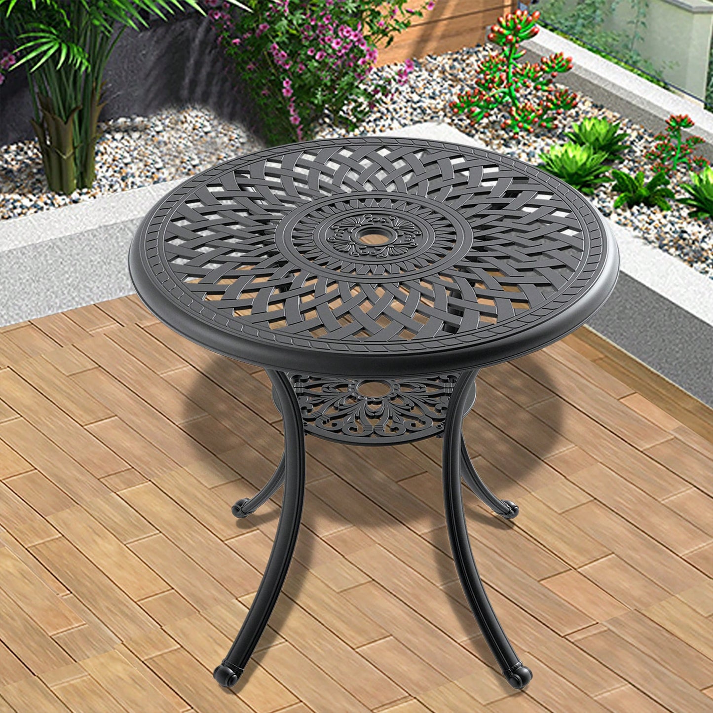 30.71-Inch Round Cast Aluminum Patio Dining Table With Black Frame And Umbrella Hole For Outdoor Entertaining