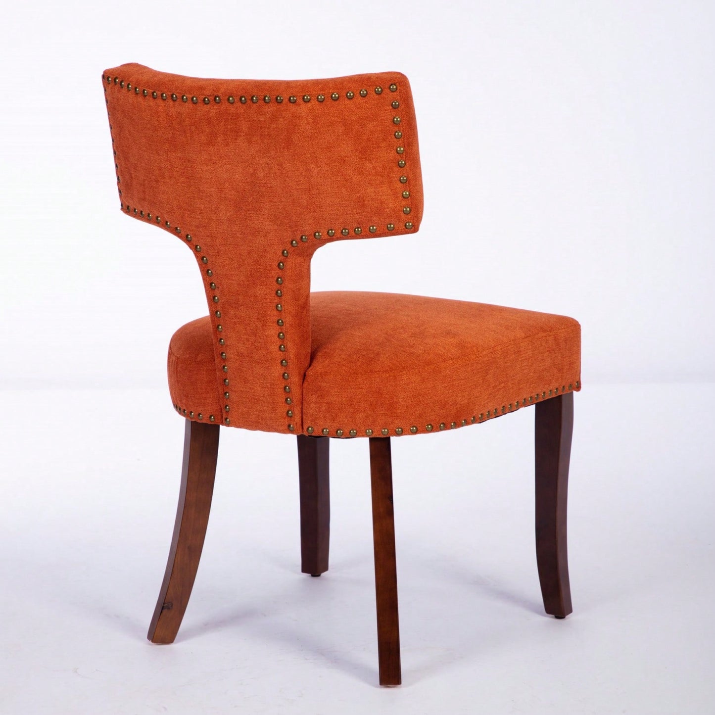 Mid Century Modern Upholstered Dining Chairs Set of 2 Curved Backrest Copper Nail Trim Vibrant Orange Hardwood Frame