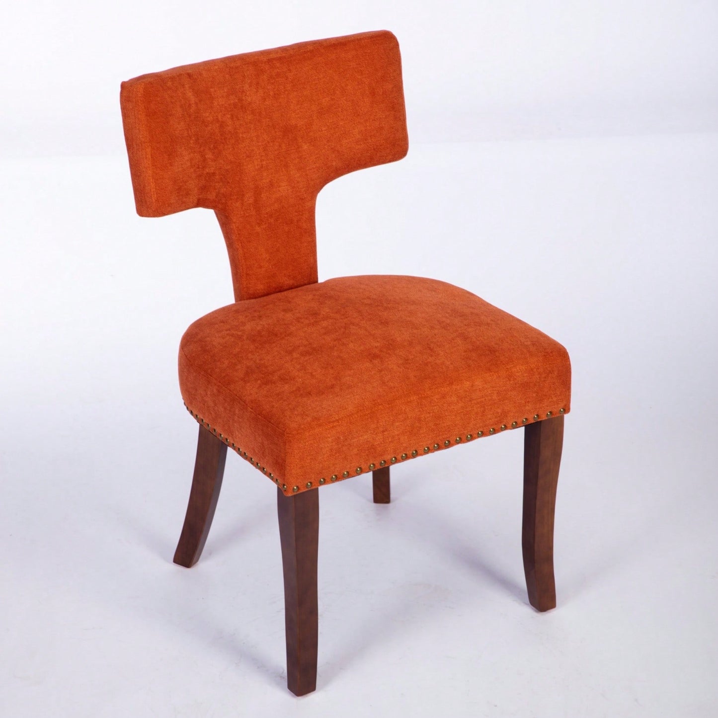 Mid Century Modern Upholstered Dining Chairs Set of 2 Curved Backrest Copper Nail Trim Vibrant Orange Hardwood Frame