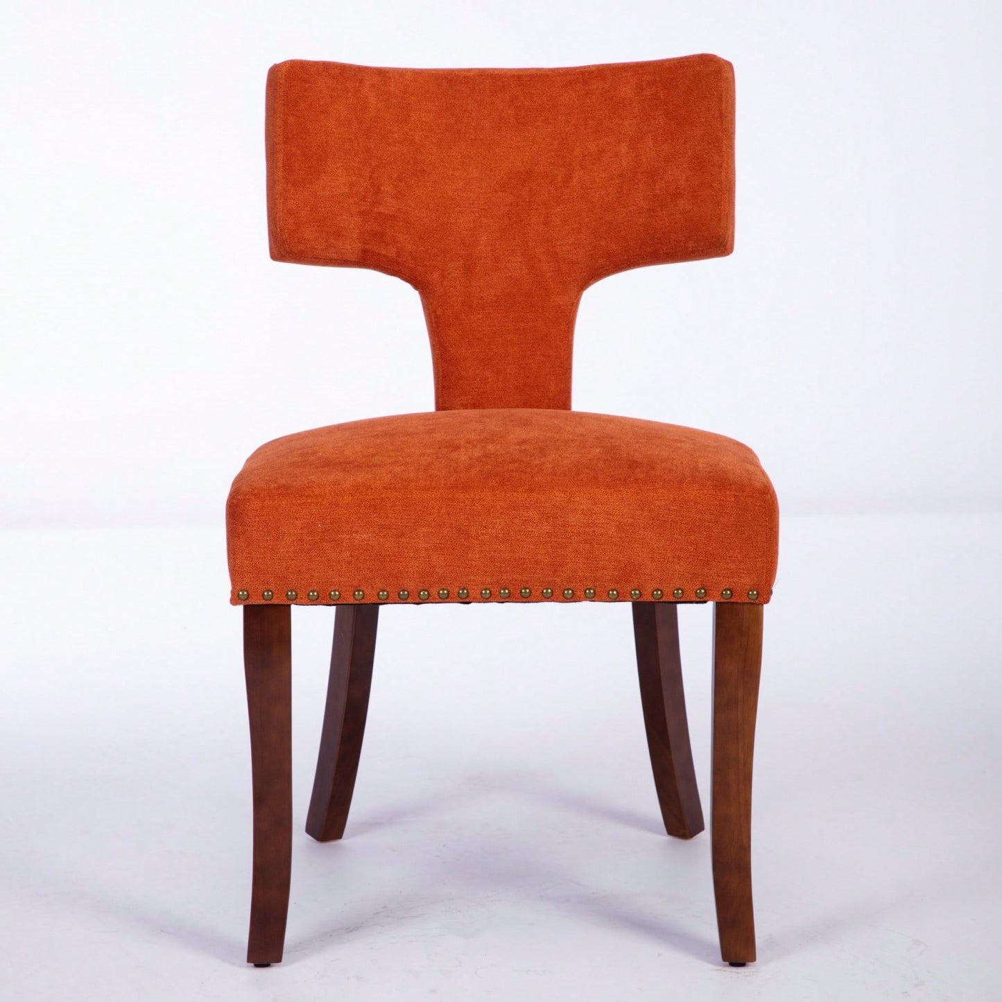 Mid Century Modern Upholstered Dining Chairs Set of 2 Curved Backrest Copper Nail Trim Vibrant Orange Hardwood Frame