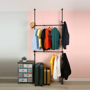 Heavy Duty Adjustable Telescopic Garment Rack 31-47in Wide Supports 120kg Includes Reach Hook Sleek Black Finish