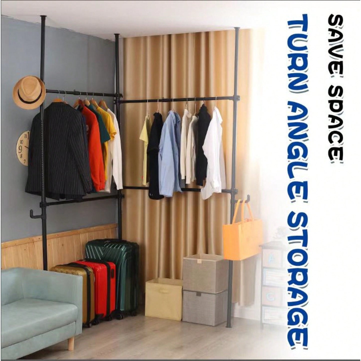 Heavy Duty Adjustable Telescopic Garment Rack 31-47in Wide Supports 120kg Includes Reach Hook Sleek Black Finish