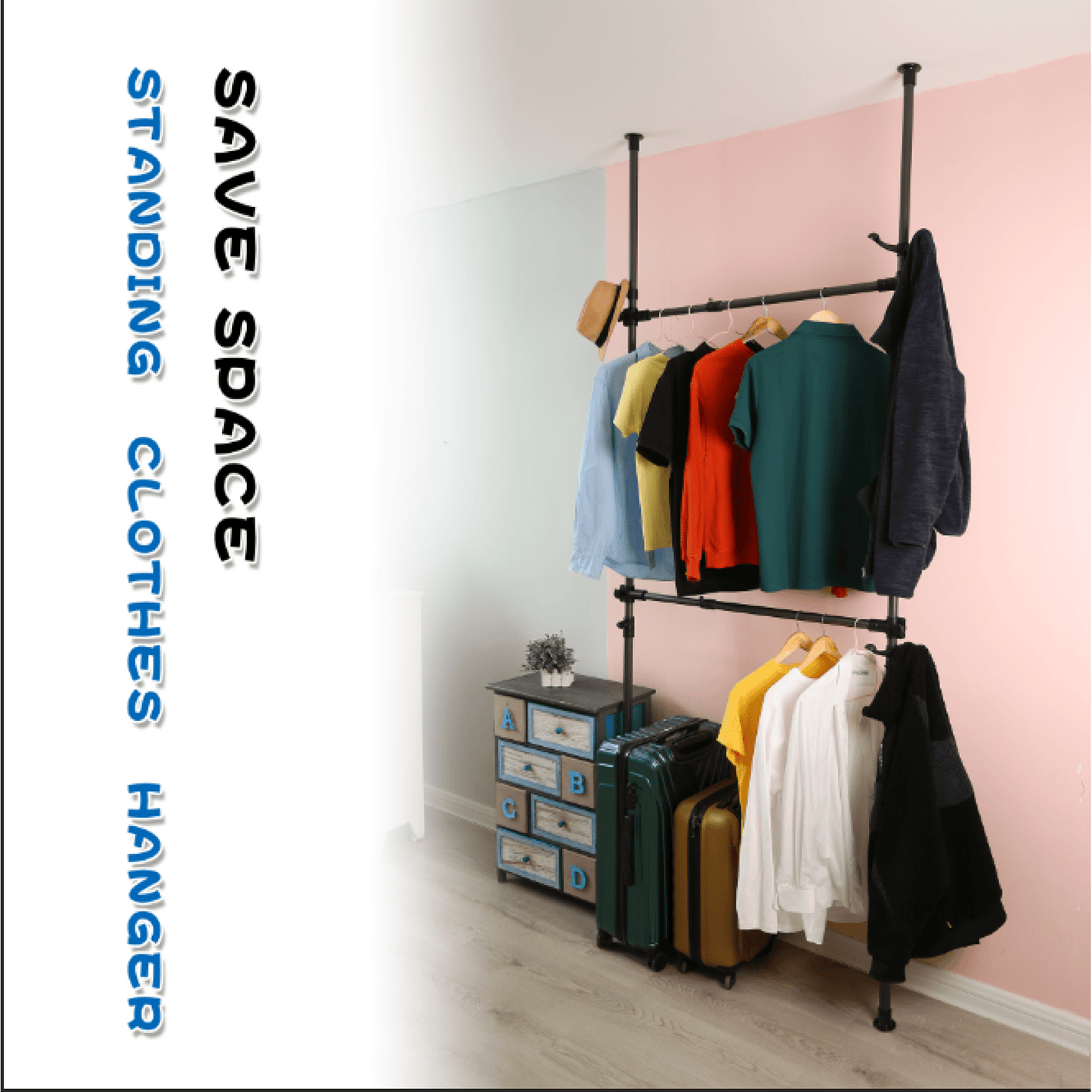 Heavy Duty Adjustable Telescopic Garment Rack 31-47in Wide Supports 120kg Includes Reach Hook Sleek Black Finish