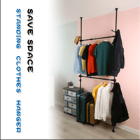 Heavy Duty Adjustable Telescopic Garment Rack 31-47in Wide Supports 120kg Includes Reach Hook Sleek Black Finish