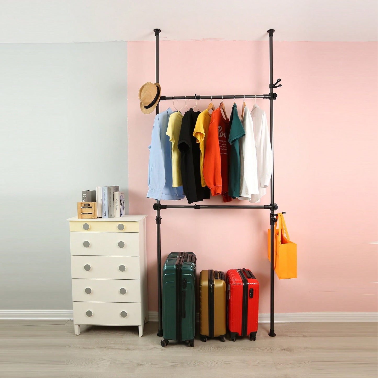 Heavy Duty Adjustable Telescopic Garment Rack 31-47in Wide Supports 120kg Includes Reach Hook Sleek Black Finish