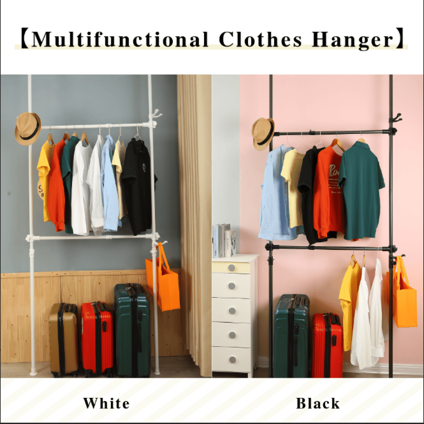 Heavy Duty Adjustable Telescopic Garment Rack 31-47in Wide Supports 120kg Includes Reach Hook Sleek Black Finish