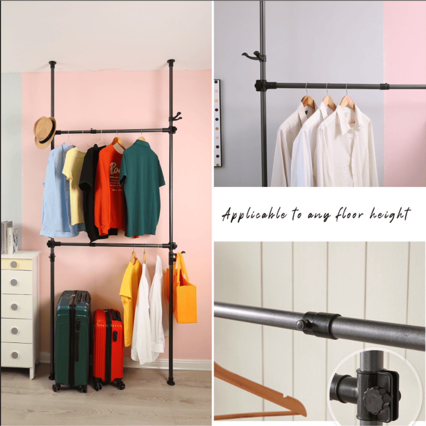 Heavy Duty Adjustable Telescopic Garment Rack 31-47in Wide Supports 120kg Includes Reach Hook Sleek Black Finish