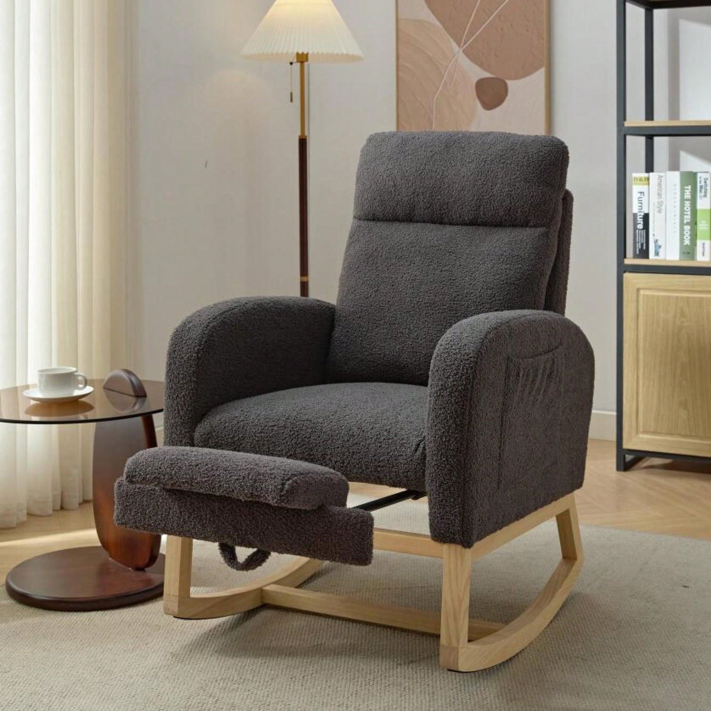 Chic Upholstered Rocking Chair with Solid Wood Legs for Nursery and Living Room High Backrest and Side Pocket