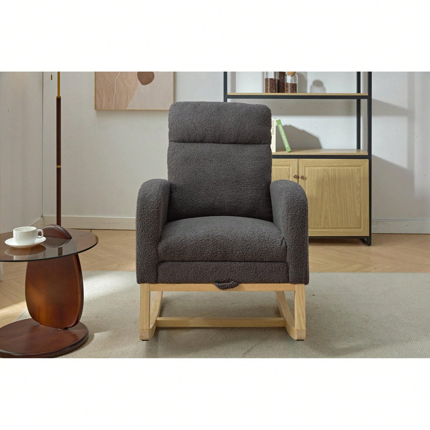 Chic Upholstered Rocking Chair with Solid Wood Legs for Nursery and Living Room High Backrest and Side Pocket