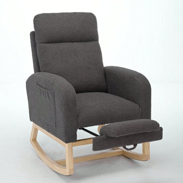 Chic Upholstered Rocking Chair with Solid Wood Legs for Nursery and Living Room High Backrest and Side Pocket