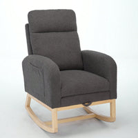 Chic Upholstered Rocking Chair with Solid Wood Legs for Nursery and Living Room High Backrest and Side Pocket