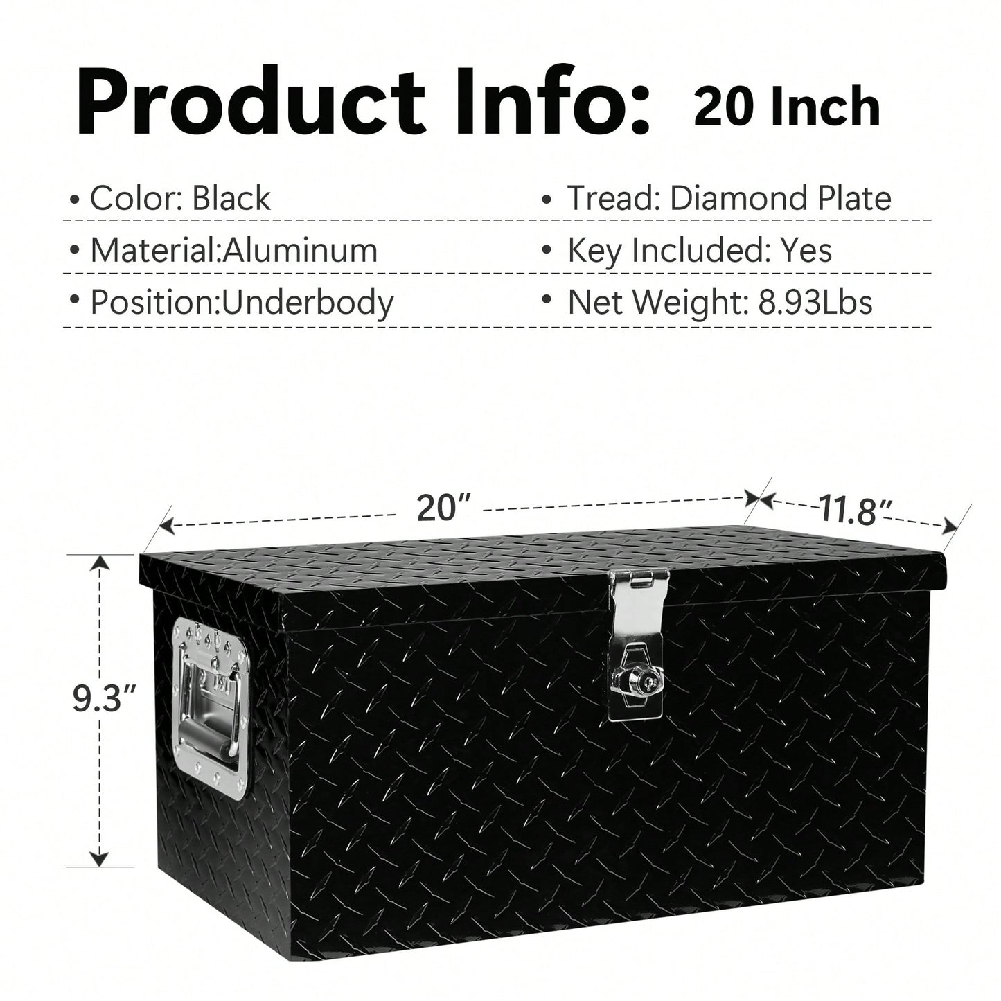 20 Inch Black Aluminum Tool Box with Lock and Side Handle for Trucks Trailers RVs ATVs Secure Storage Solution 20.1x11.8x9.3 Inches