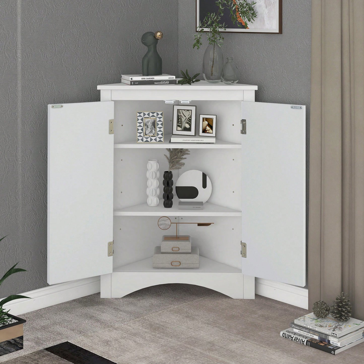 Stylish Freestanding White Triangle Bathroom Storage Cabinet With Adjustable Shelves For Kitchen And Home Organization