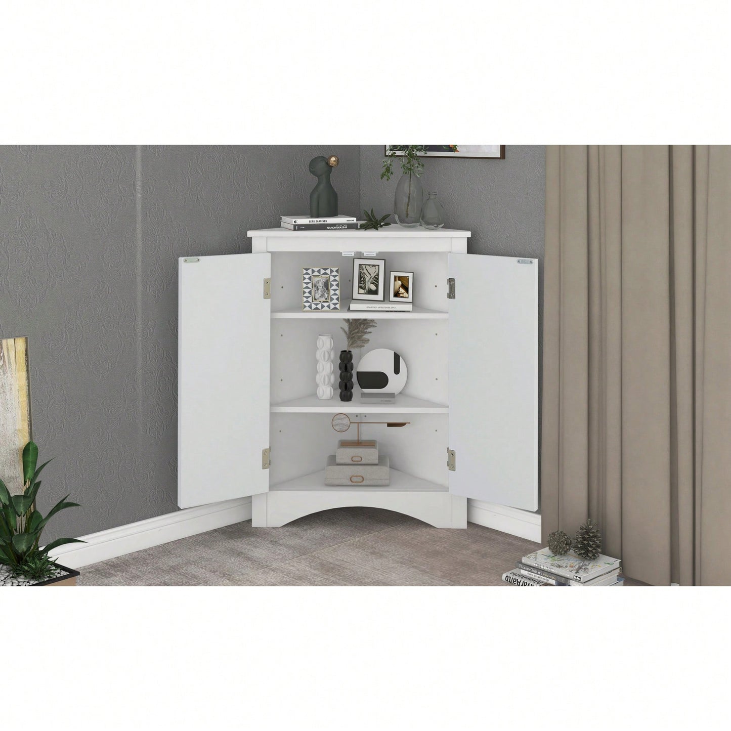 Stylish Freestanding White Triangle Bathroom Storage Cabinet With Adjustable Shelves For Kitchen And Home Organization