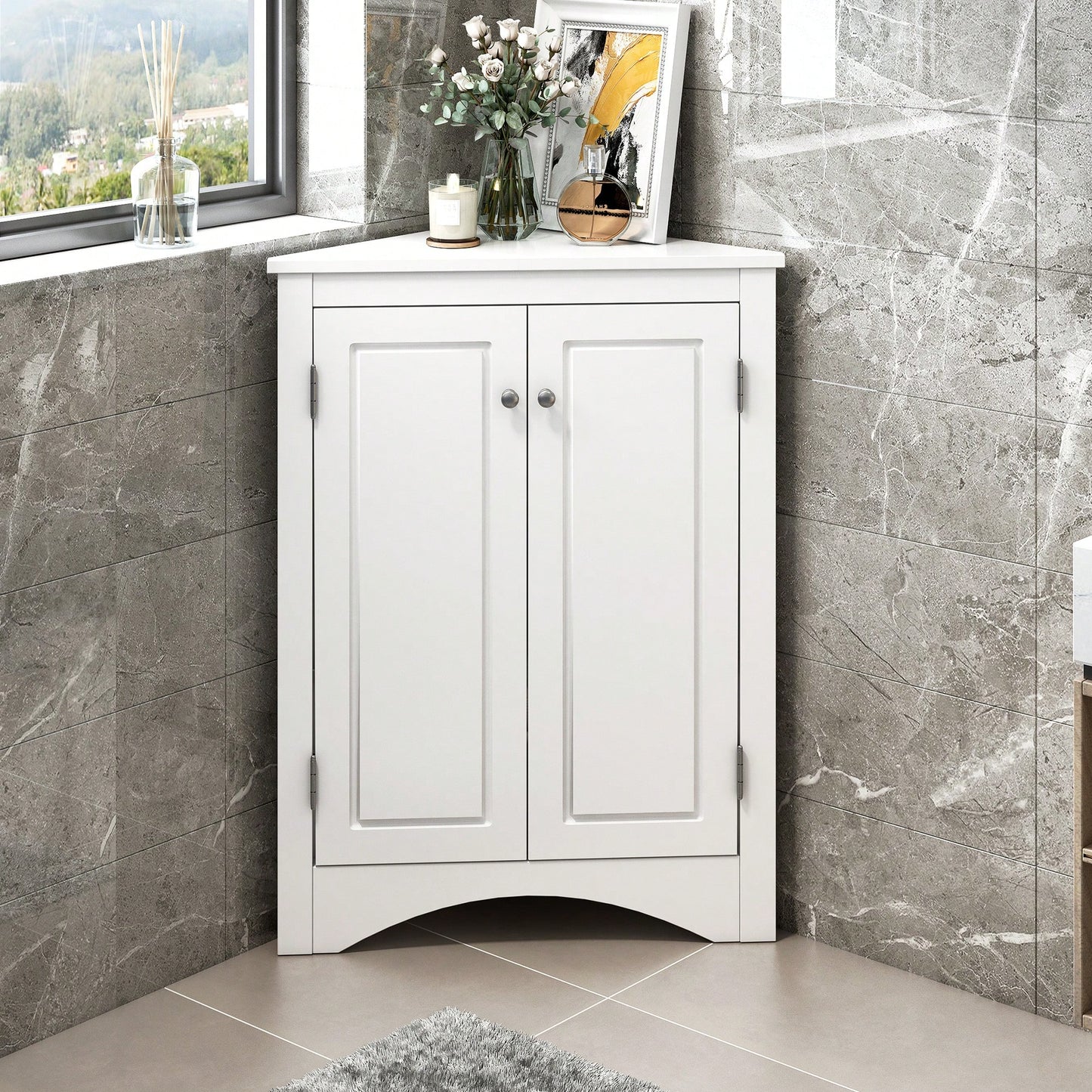 Stylish Freestanding White Triangle Bathroom Storage Cabinet With Adjustable Shelves For Kitchen And Home Organization