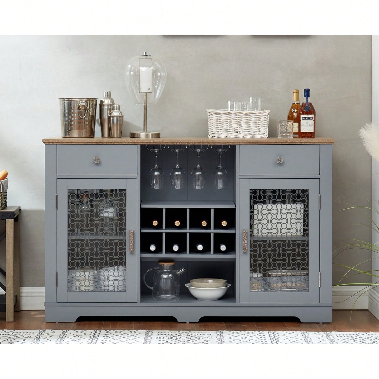 Modern Farmhouse Buffet Cabinet, Sideboard with 2 Drawers and Elegant Glass Door Cabinets
