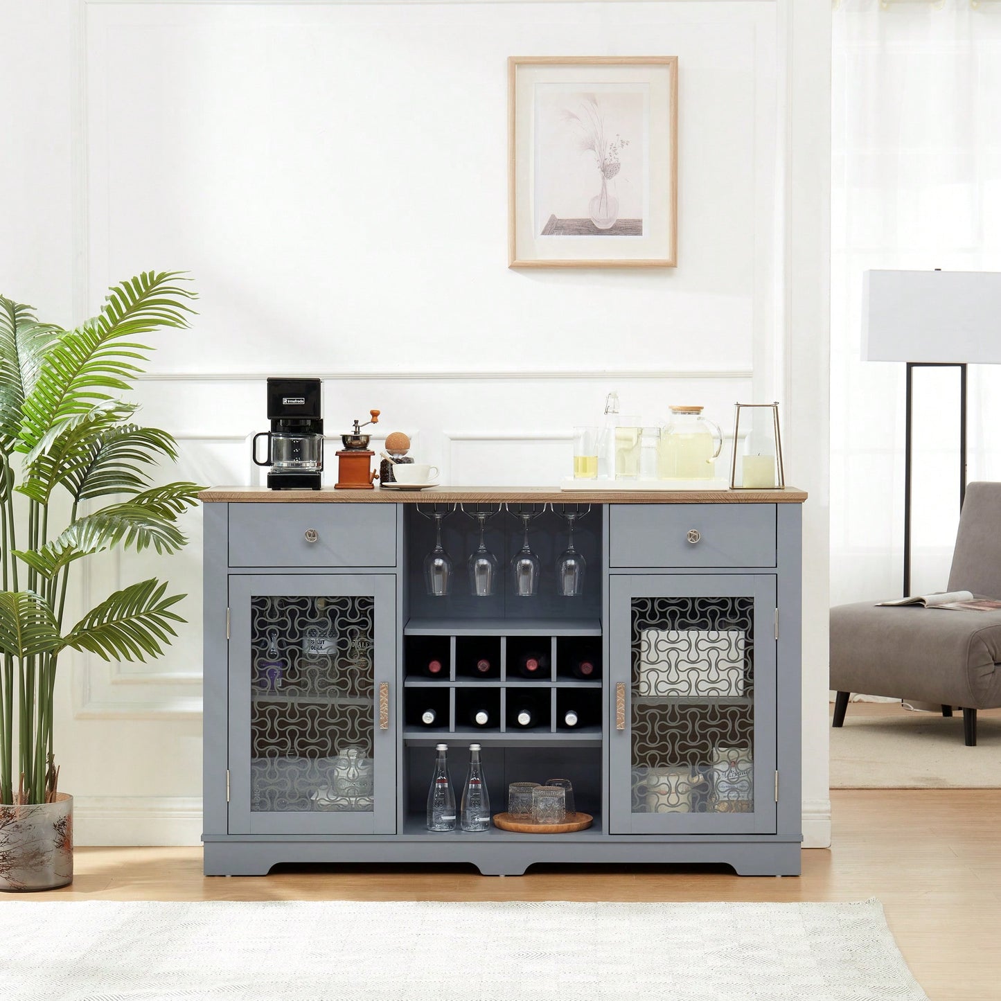 Modern Farmhouse Buffet Cabinet, Sideboard with 2 Drawers and Elegant Glass Door Cabinets