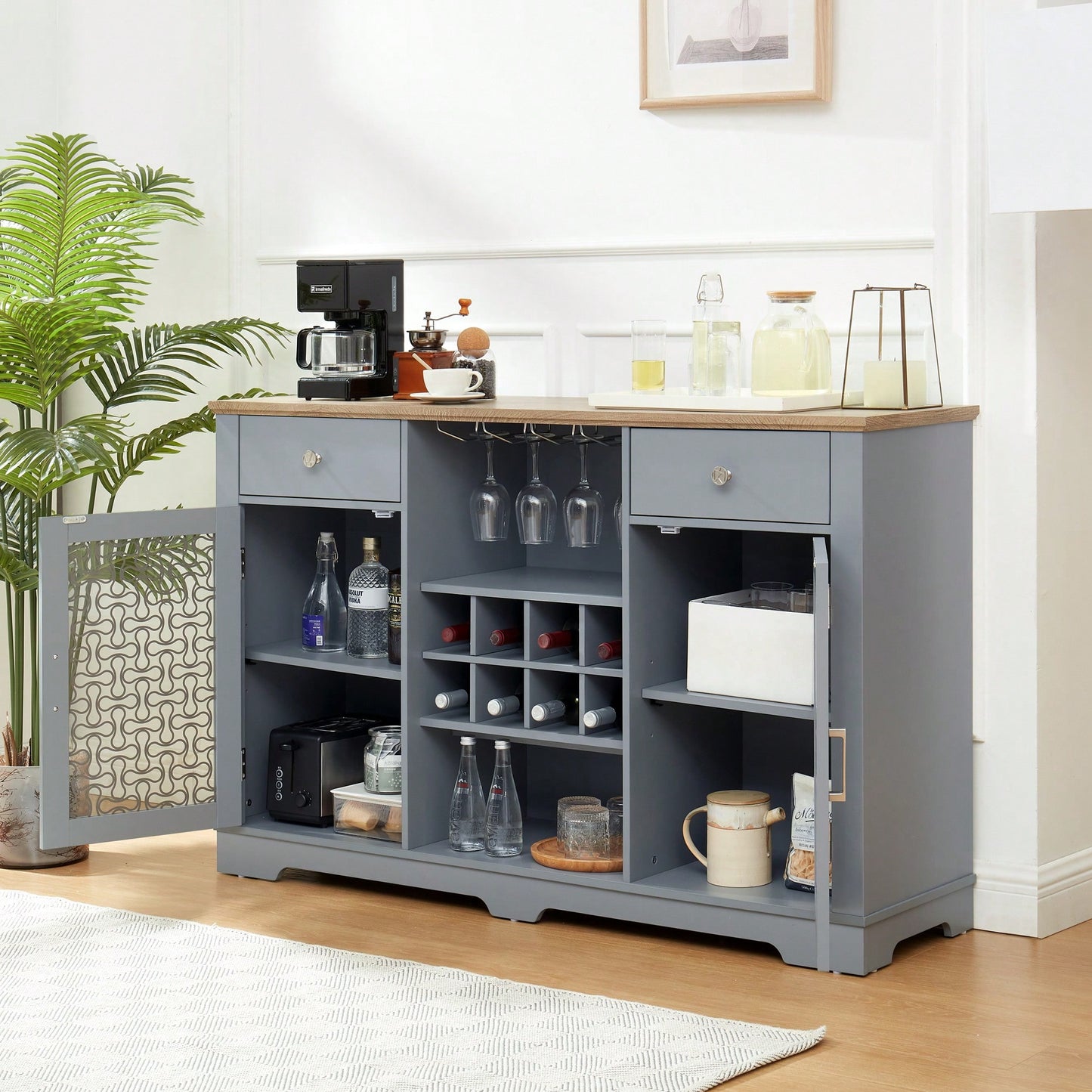 Modern Farmhouse Buffet Cabinet, Sideboard with 2 Drawers and Elegant Glass Door Cabinets