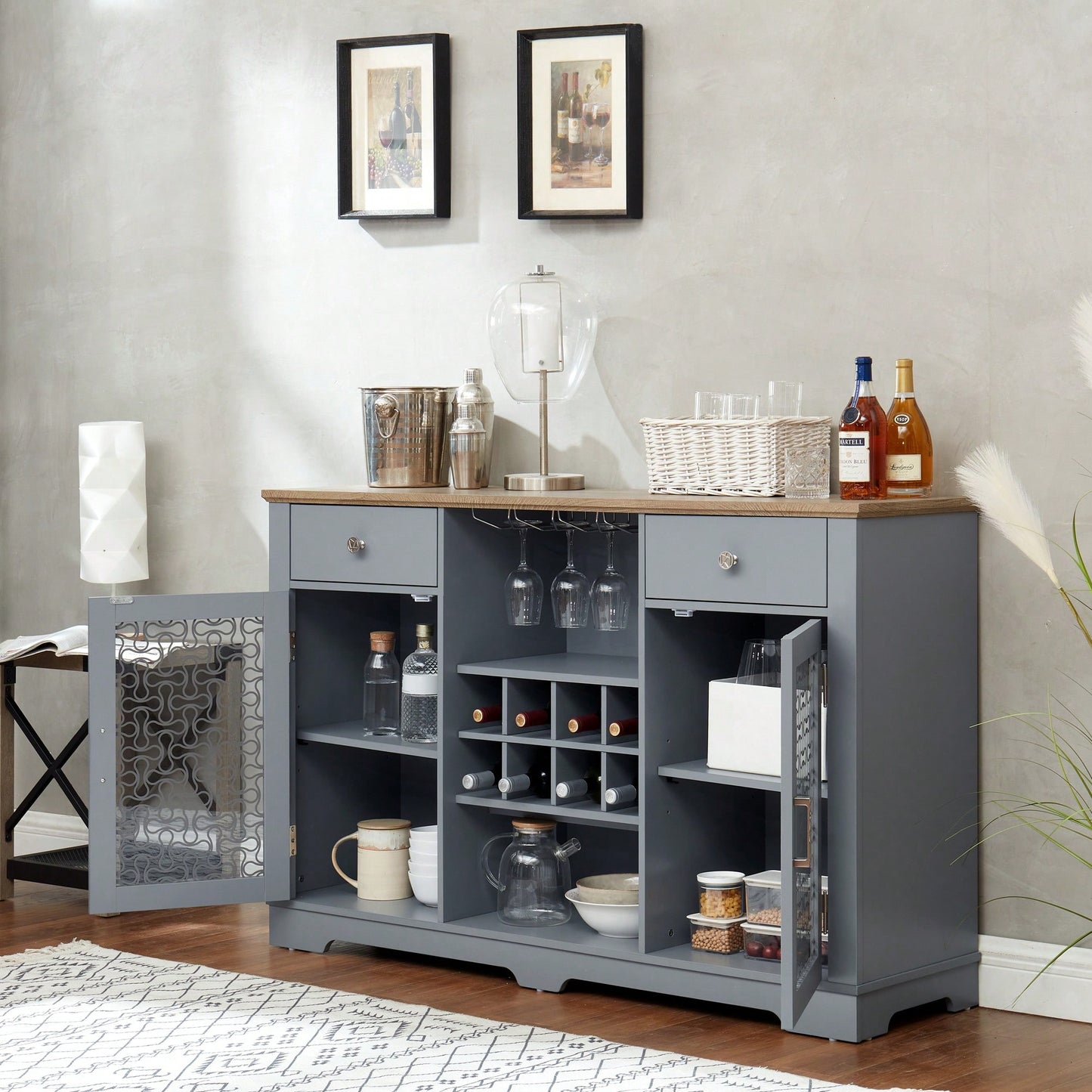 Modern Farmhouse Buffet Cabinet, Sideboard with 2 Drawers and Elegant Glass Door Cabinets