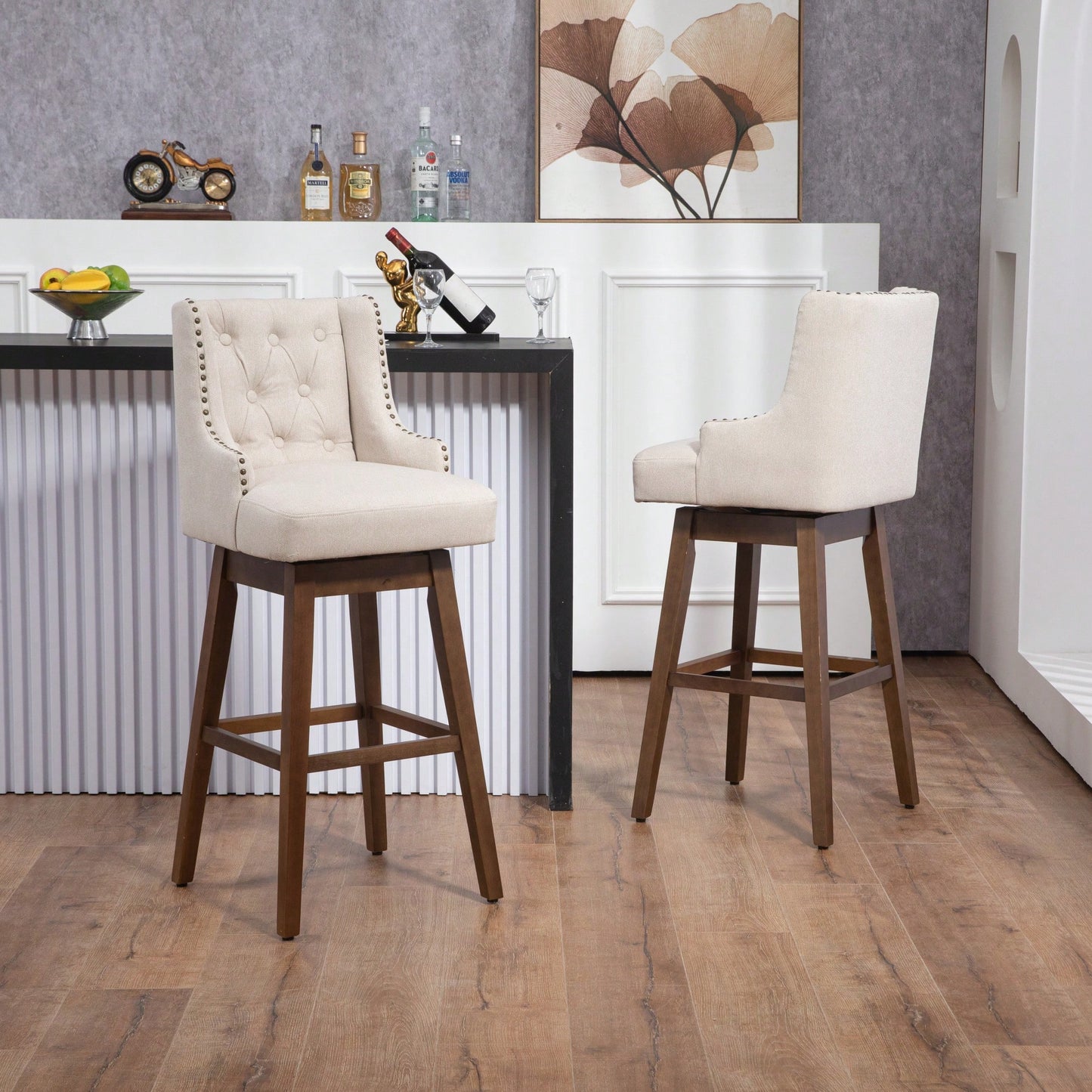 Stylish Counter Height Bar Stools Set Of 2 With Footrest And 360-Degree Swivel - Olive Linen Upholstery For Kitchen And Dining Room Decor