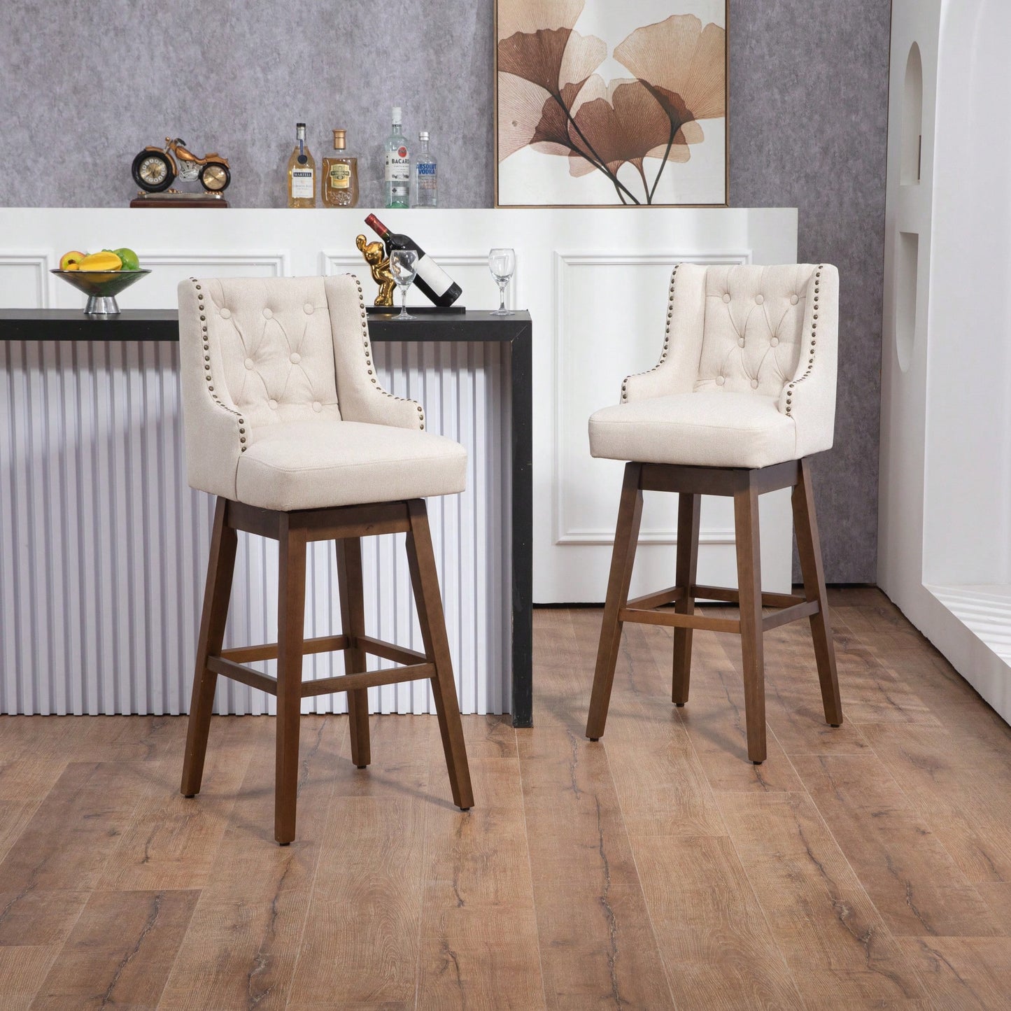 Stylish Counter Height Bar Stools Set Of 2 With Footrest And 360-Degree Swivel - Olive Linen Upholstery For Kitchen And Dining Room Decor