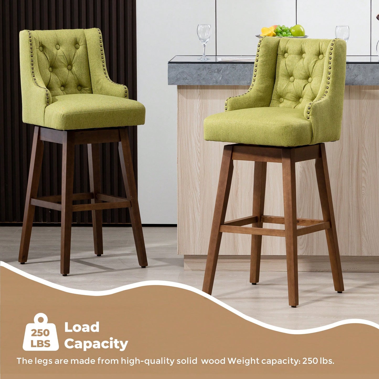 Stylish Counter Height Bar Stools Set Of 2 With Footrest And 360-Degree Swivel - Olive Linen Upholstery For Kitchen And Dining Room Decor