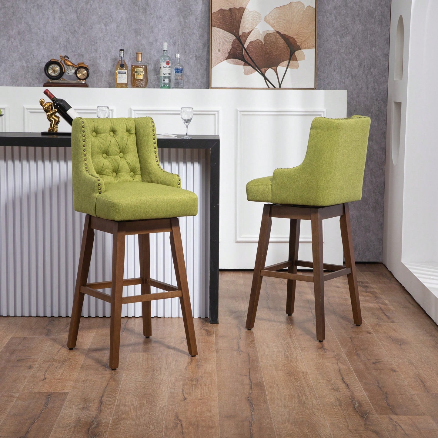 Stylish Counter Height Bar Stools Set Of 2 With Footrest And 360-Degree Swivel - Olive Linen Upholstery For Kitchen And Dining Room Decor