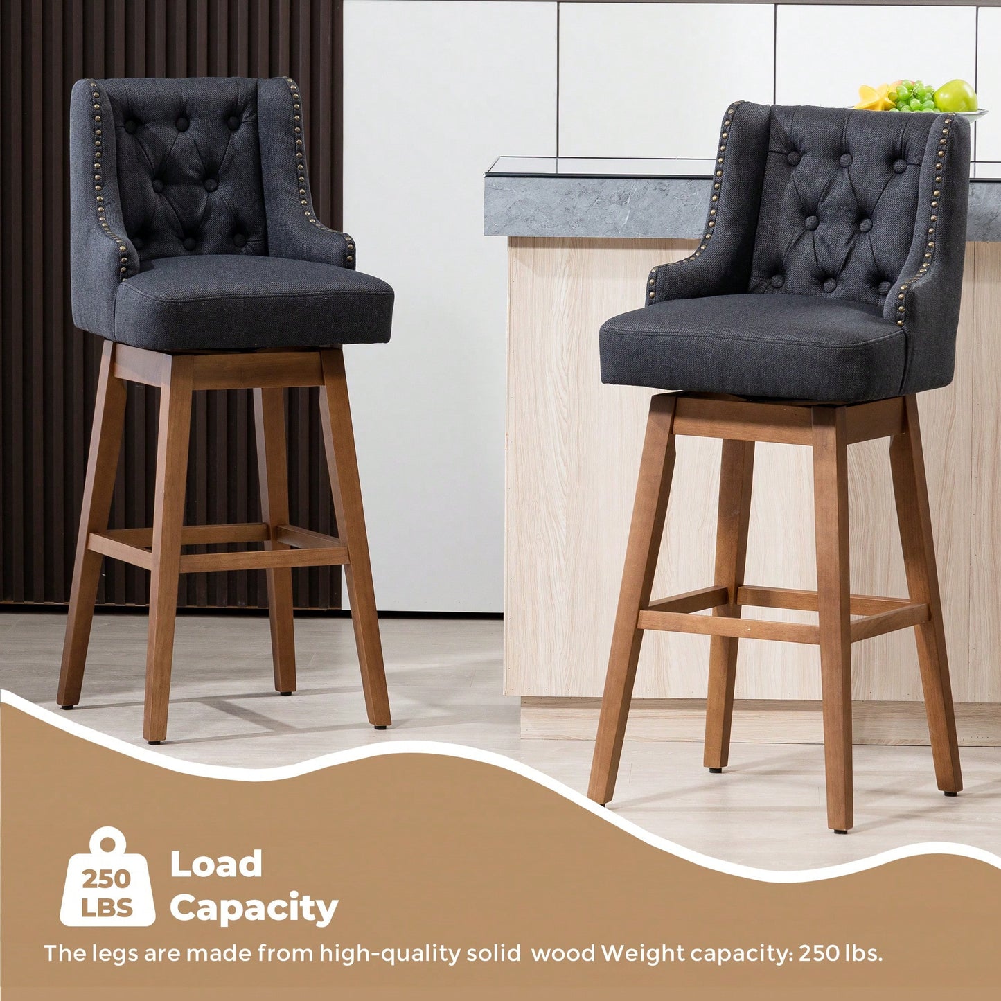 Stylish Counter Height Bar Stools Set Of 2 With Footrest And 360-Degree Swivel - Olive Linen Upholstery For Kitchen And Dining Room Decor