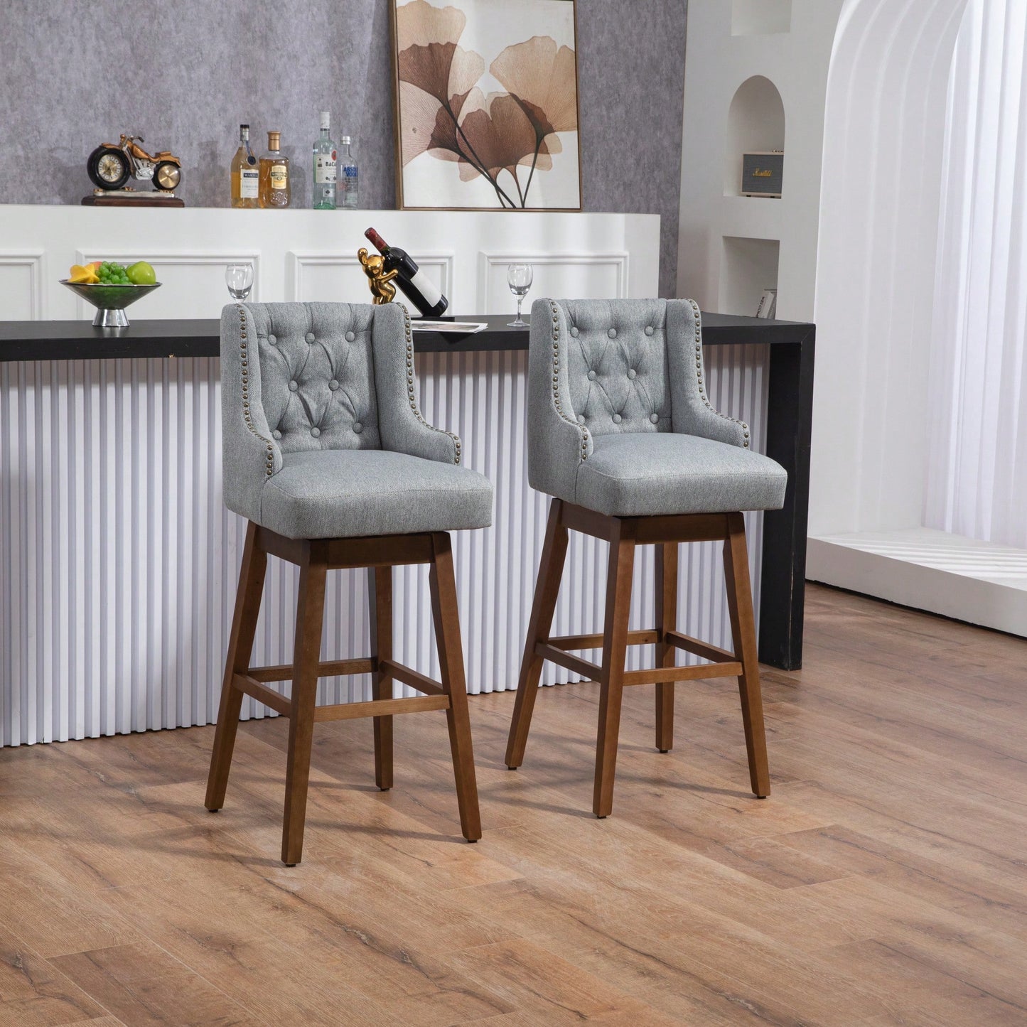 Stylish Counter Height Bar Stools Set Of 2 With Footrest And 360-Degree Swivel - Olive Linen Upholstery For Kitchen And Dining Room Decor