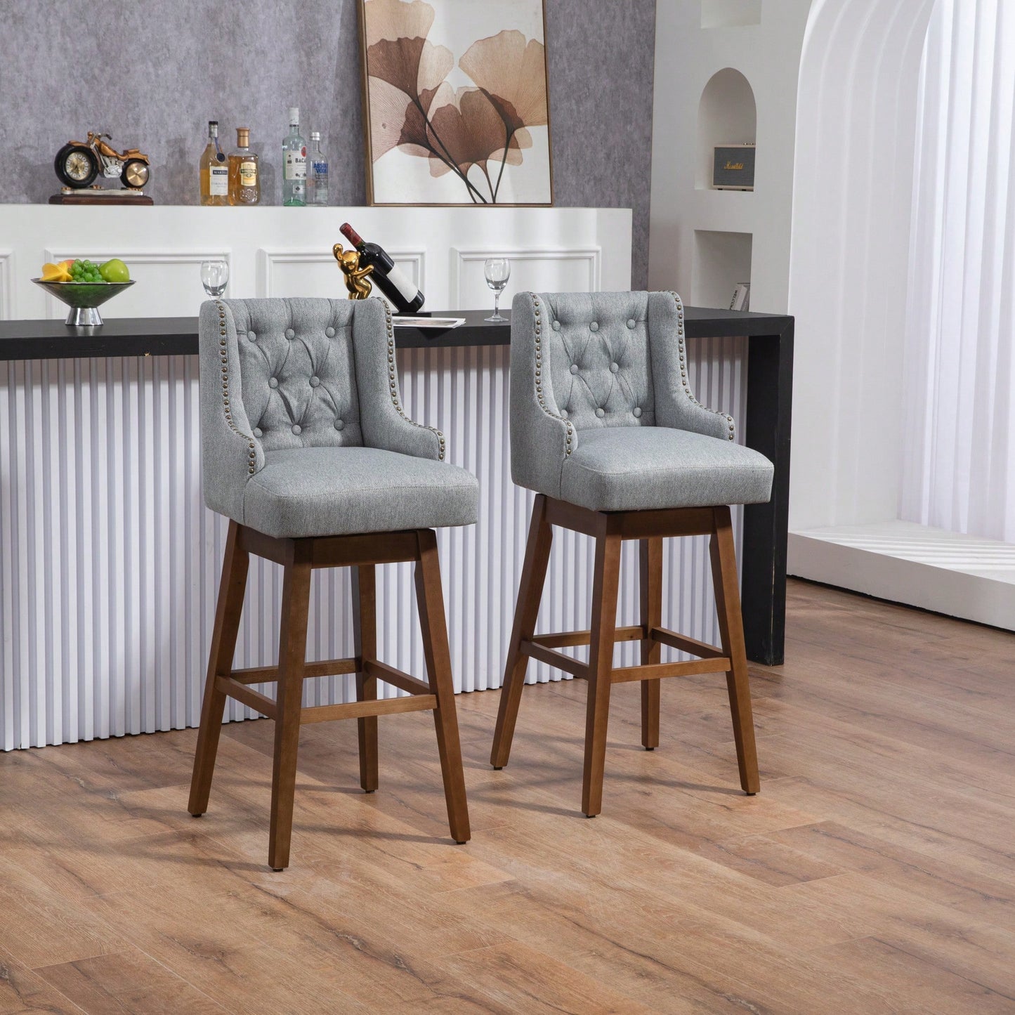 Stylish Counter Height Bar Stools Set Of 2 With Footrest And 360-Degree Swivel - Olive Linen Upholstery For Kitchen And Dining Room Decor